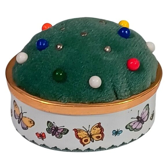Halcyon Days Enamel 3 Pc Butterflies Sewing Needle Case Thimble Pin Cushion Set - Picture 10 of 15